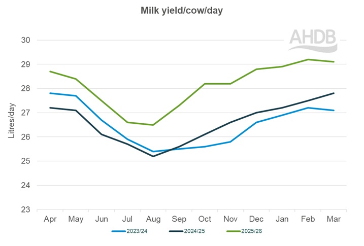 A line graph up to March 2026 for Kingshay Milk yield per cow graph last 3 years.